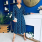 Avril Pleat Detail Midi Dress Cream Polka Navy