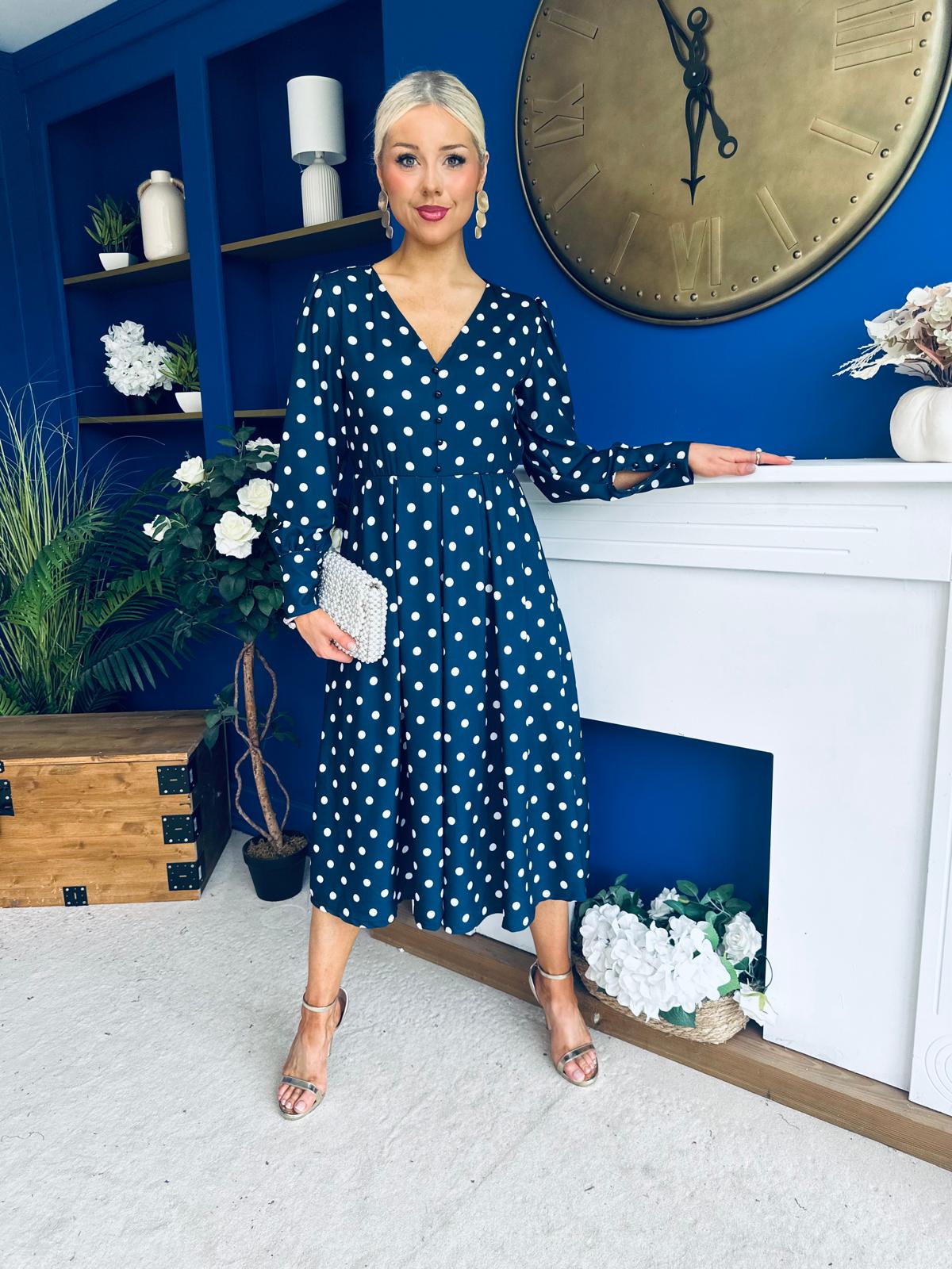 Avril Pleat Detail Midi Dress Cream Polka Navy