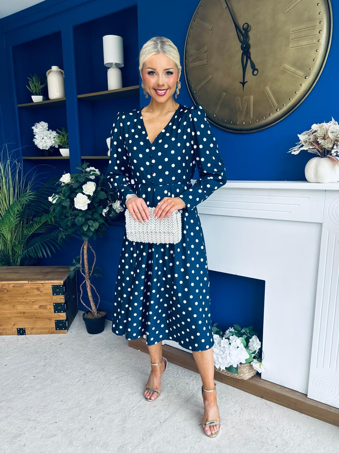 Avril Pleat Detail Midi Dress Cream Polka Navy