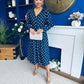 Avril Pleat Detail Midi Dress Cream Polka Navy
