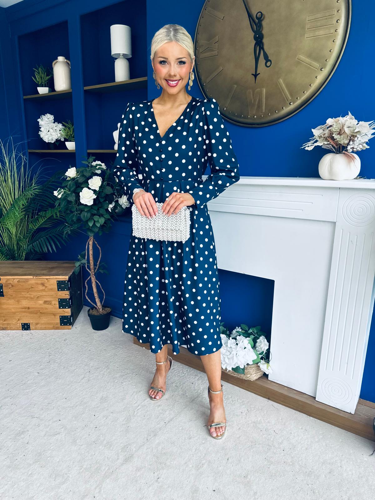 Avril Pleat Detail Midi Dress Cream Polka Navy