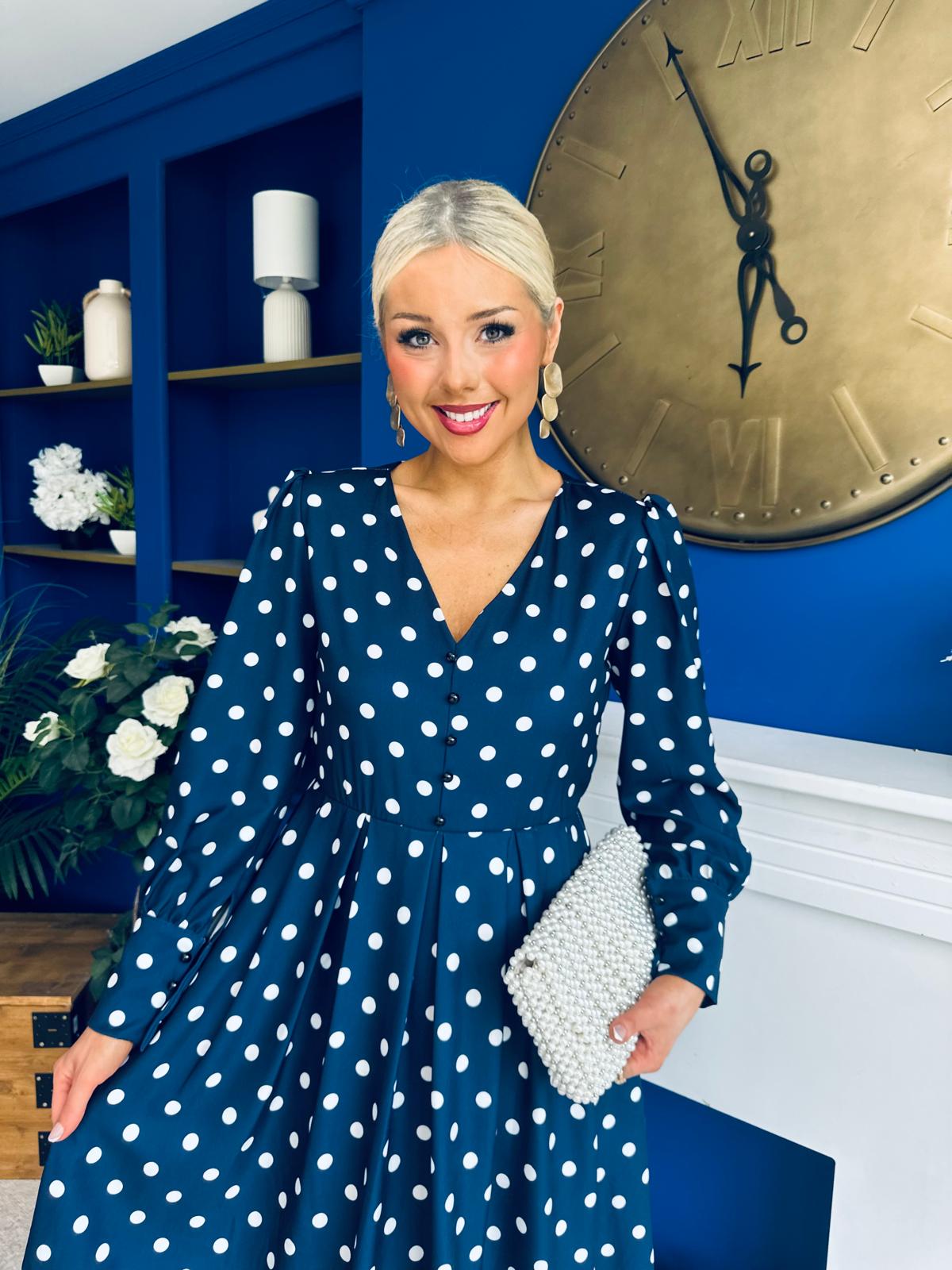 Avril Pleat Detail Midi Dress Cream Polka Navy