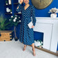 Avril Pleat Detail Midi Dress Cream Polka Navy