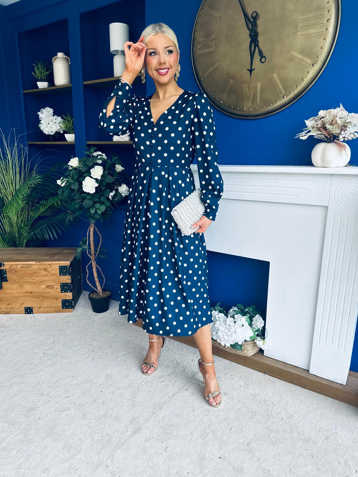 Avril Pleat Detail Midi Dress Cream Polka Navy