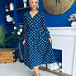 Avril Pleat Detail Midi Dress Cream Polka Navy