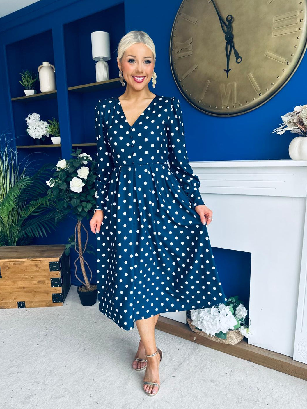 Avril Pleat Detail Midi Dress Cream Polka Navy