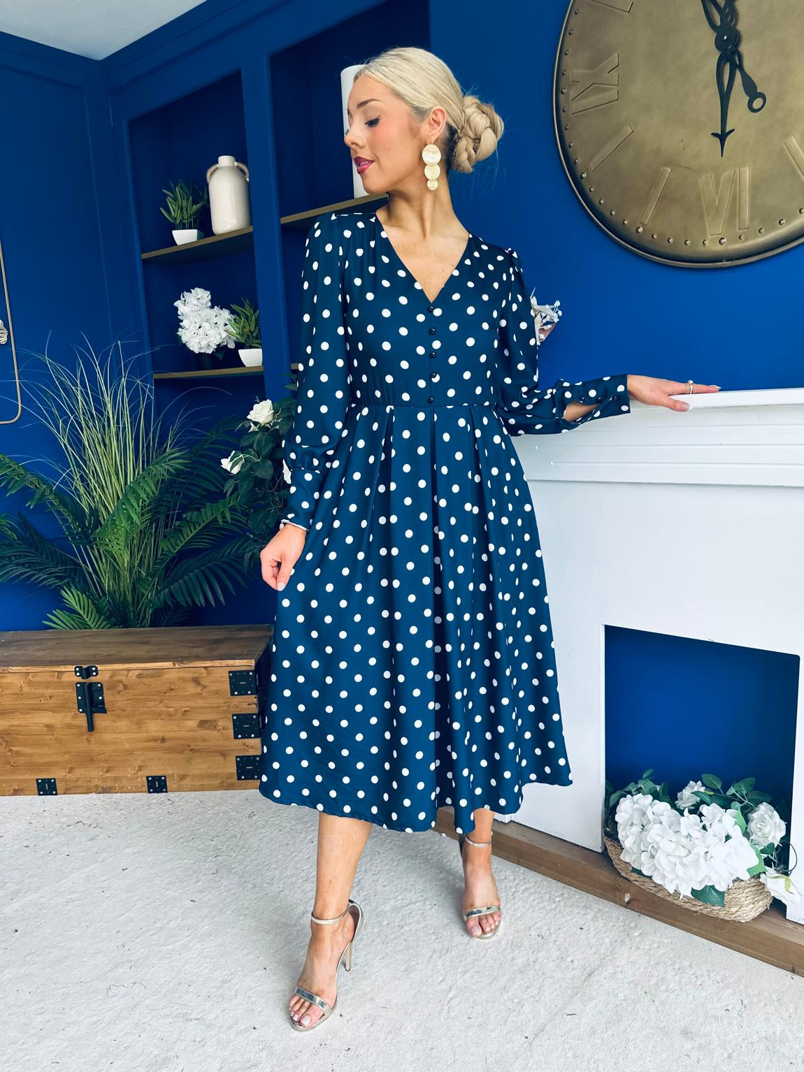 Avril Pleat Detail Midi Dress Cream Polka Navy