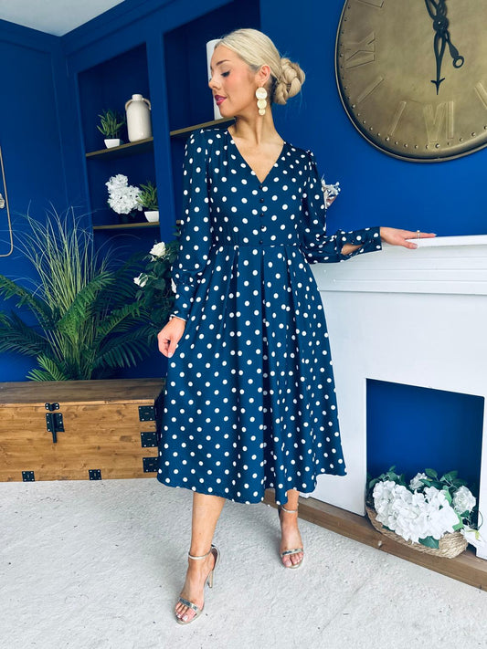 Avril Pleat Detail Midi Dress Cream Polka Navy