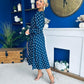 Avril Pleat Detail Midi Dress Cream Polka Navy