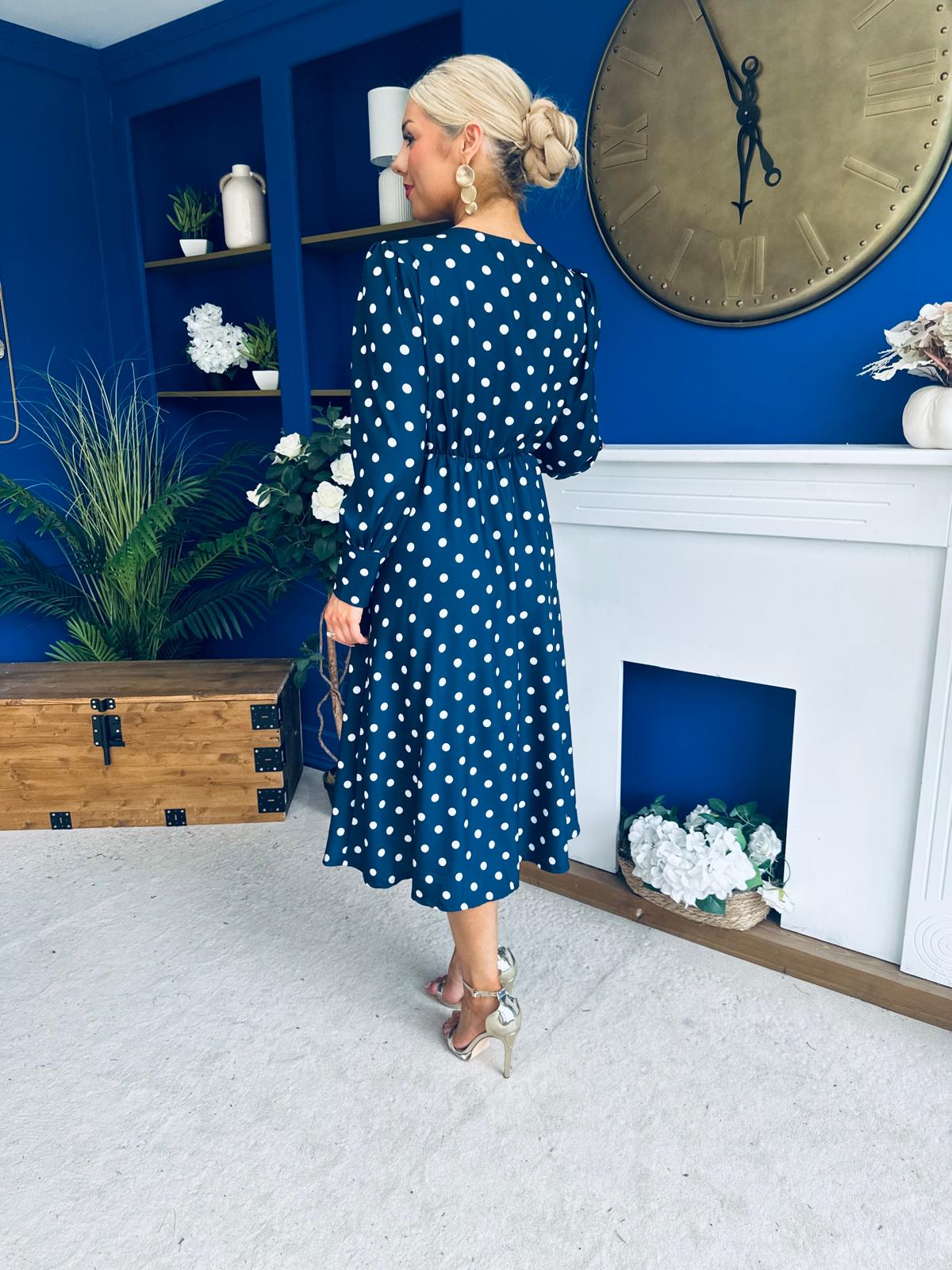 Avril Pleat Detail Midi Dress Cream Polka Navy