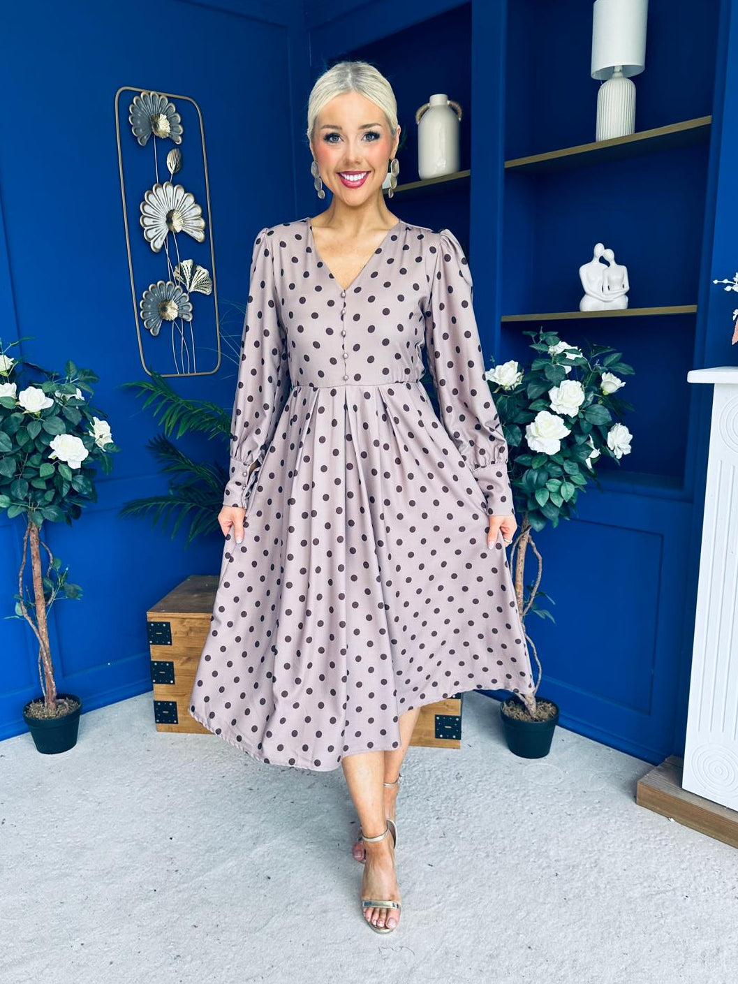 Avril Pleat Detail Midi Dress Coco Polka Mocha