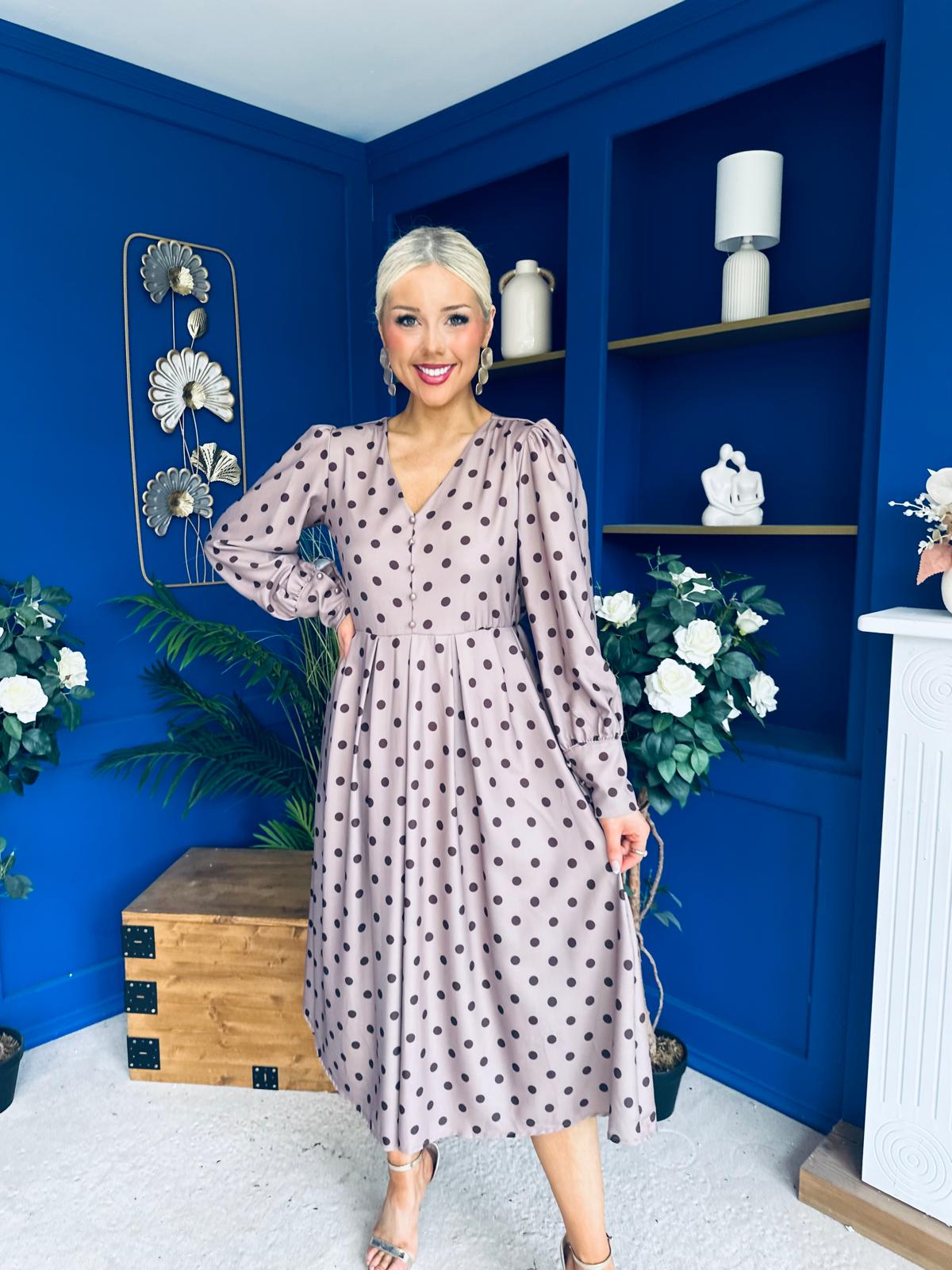 Avril Pleat Detail Midi Dress Coco Polka Mocha