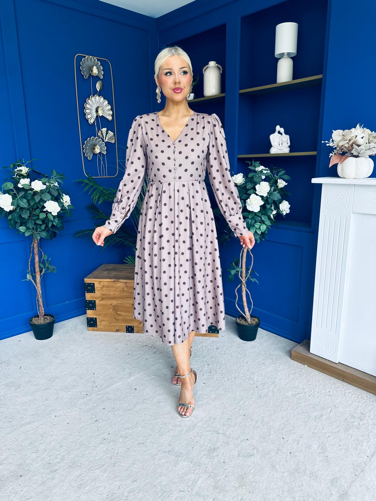 Avril Pleat Detail Midi Dress Coco Polka Mocha