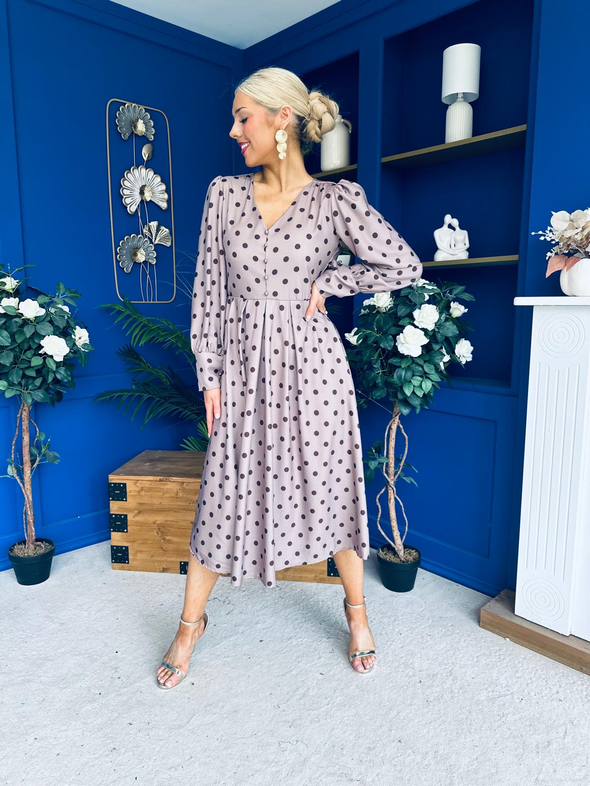 Avril Pleat Detail Midi Dress Coco Polka Mocha