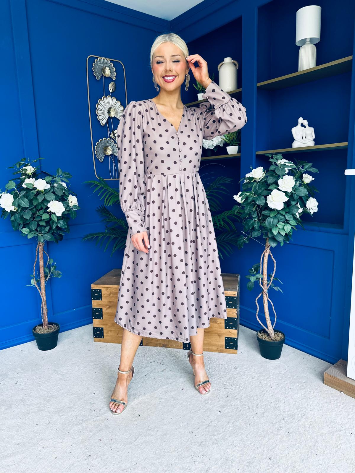 Avril Pleat Detail Midi Dress Coco Polka Mocha