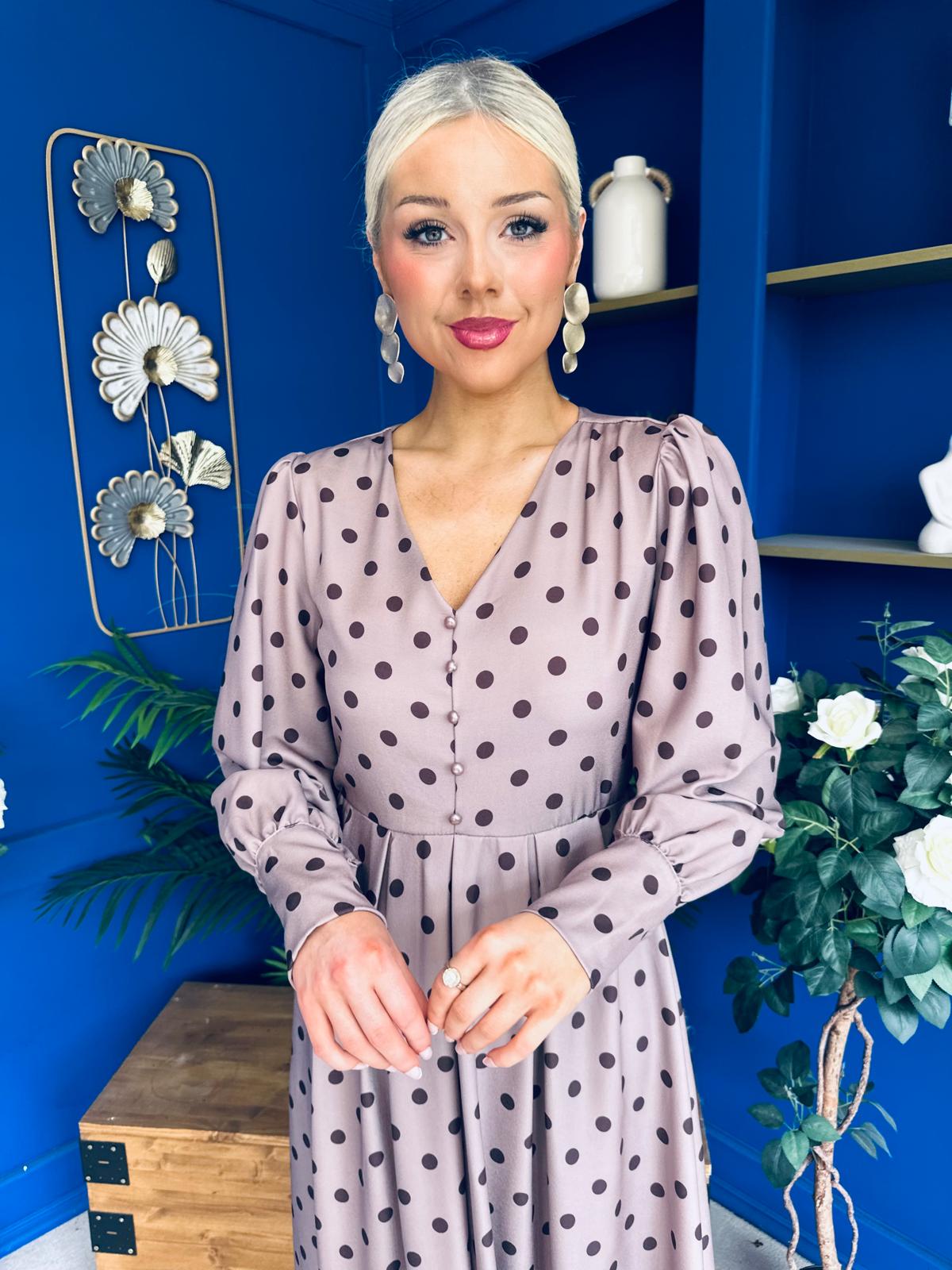 Avril Pleat Detail Midi Dress Coco Polka Mocha