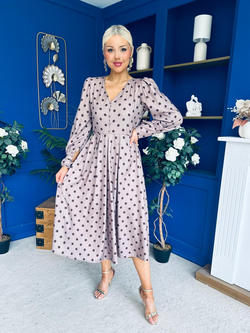 Avril Pleat Detail Midi Dress Coco Polka Mocha