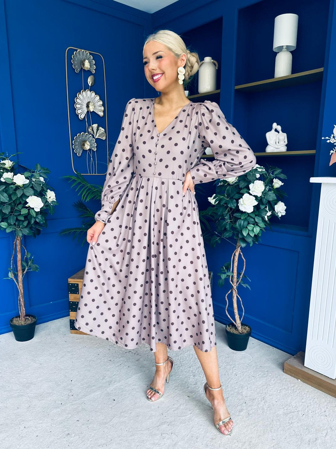 Avril Pleat Detail Midi Dress Coco Polka Mocha