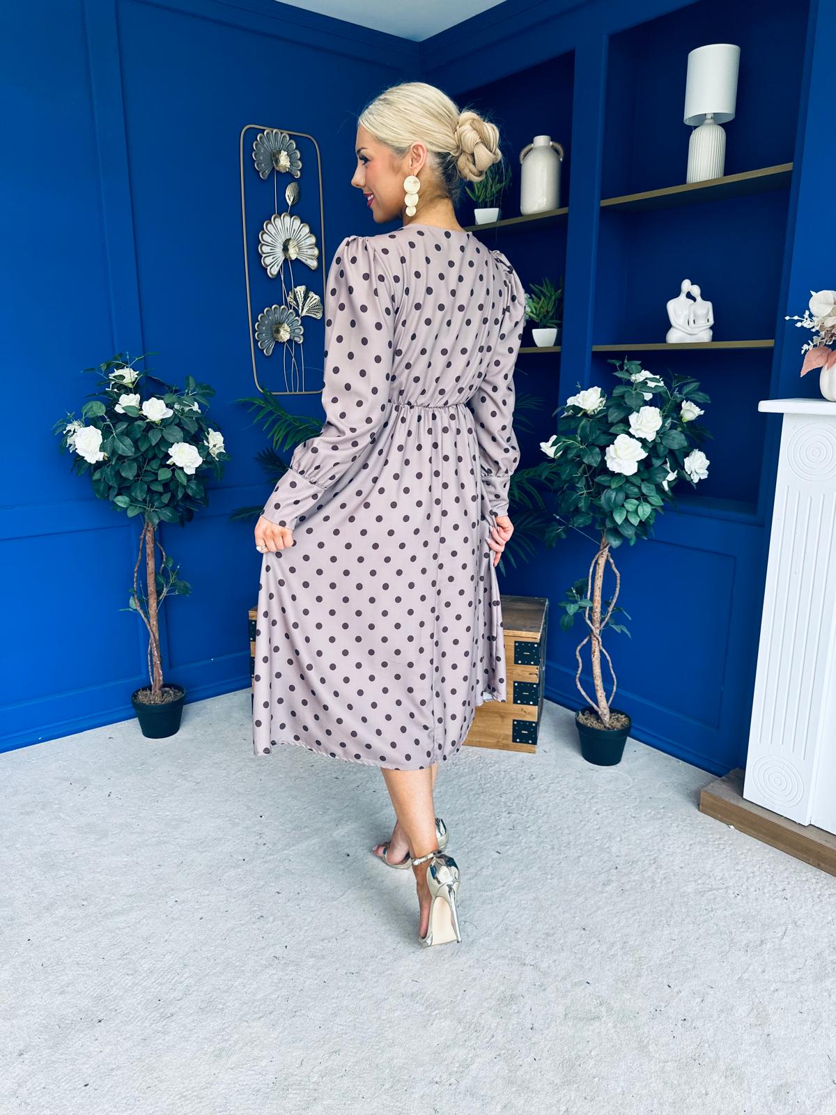 Avril Pleat Detail Midi Dress Coco Polka Mocha