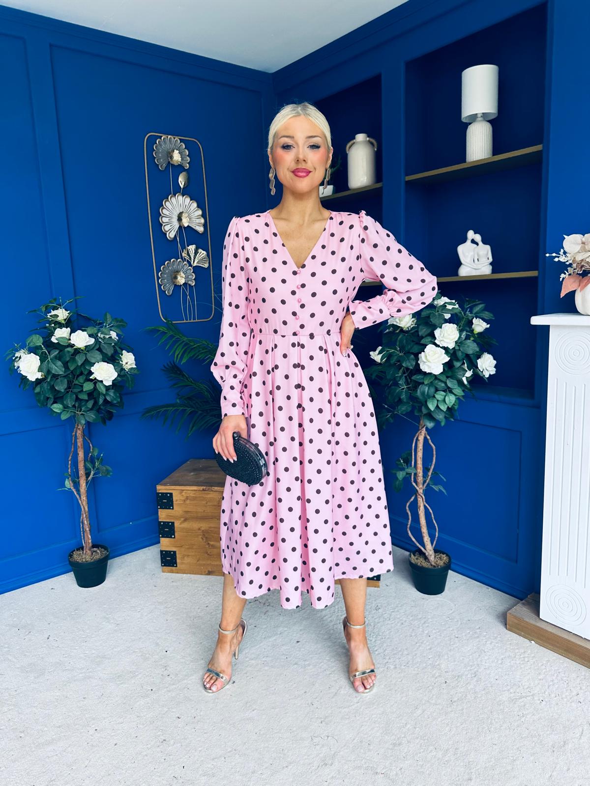 Avril Pleat Detail Midi Dress Coco Polka Pink