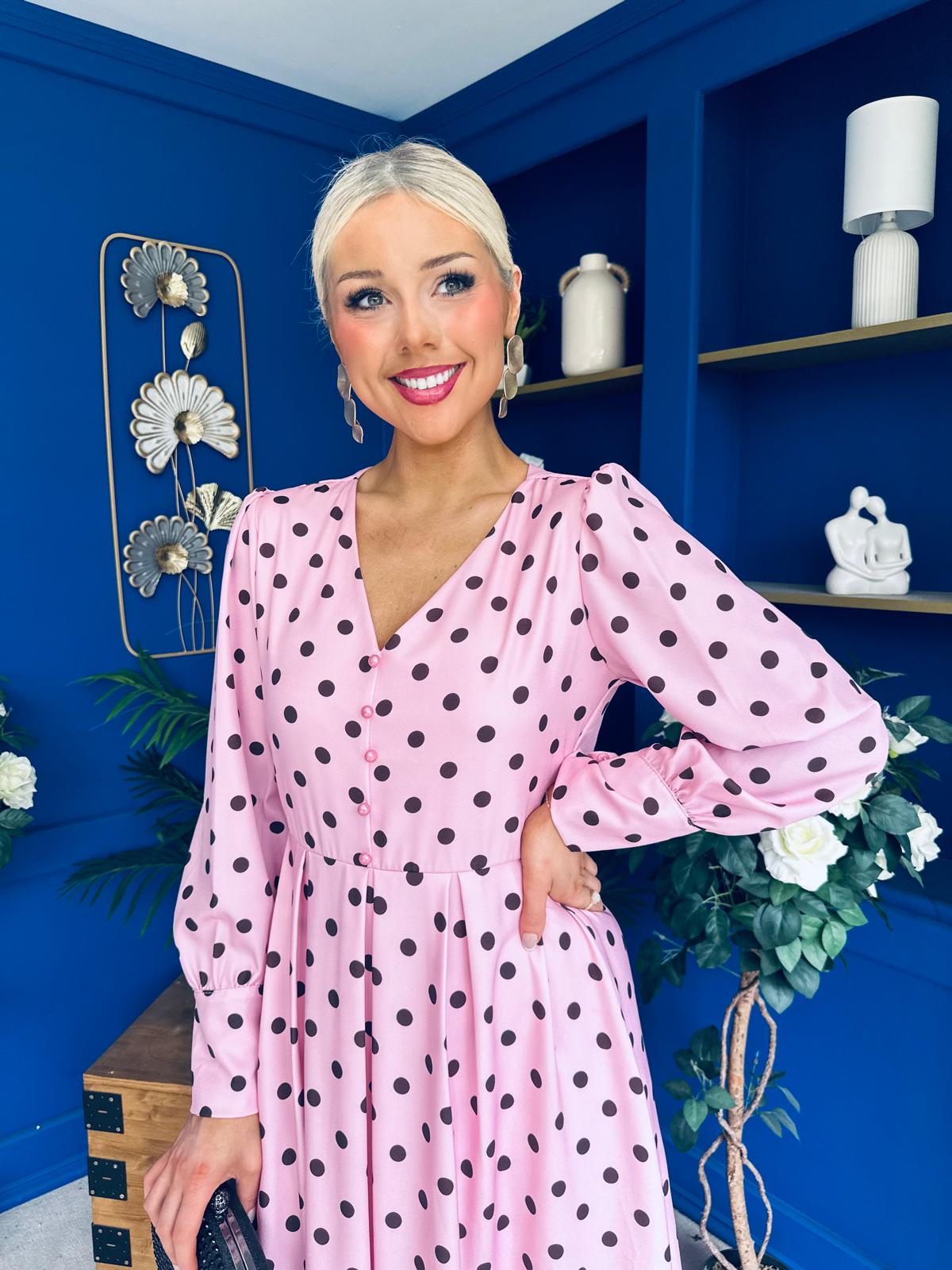 Avril Pleat Detail Midi Dress Coco Polka Pink
