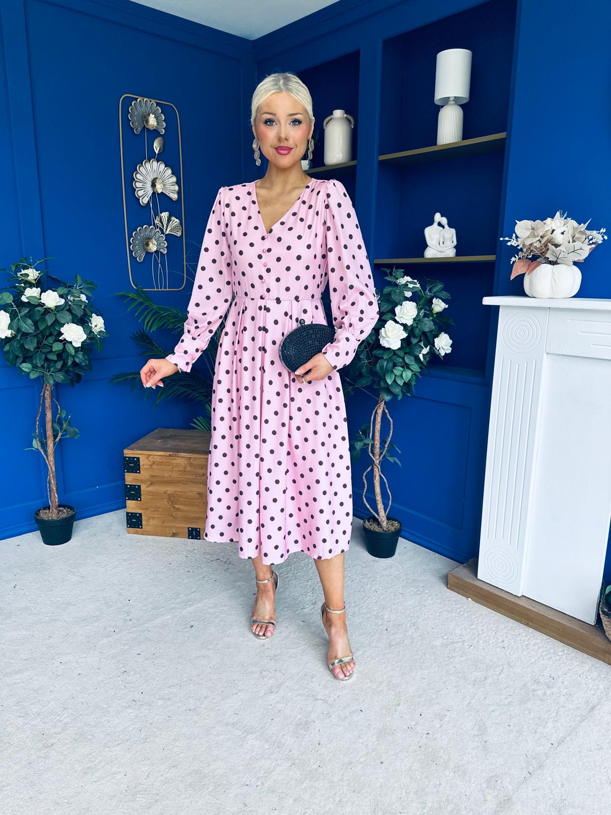 Avril Pleat Detail Midi Dress Coco Polka Pink