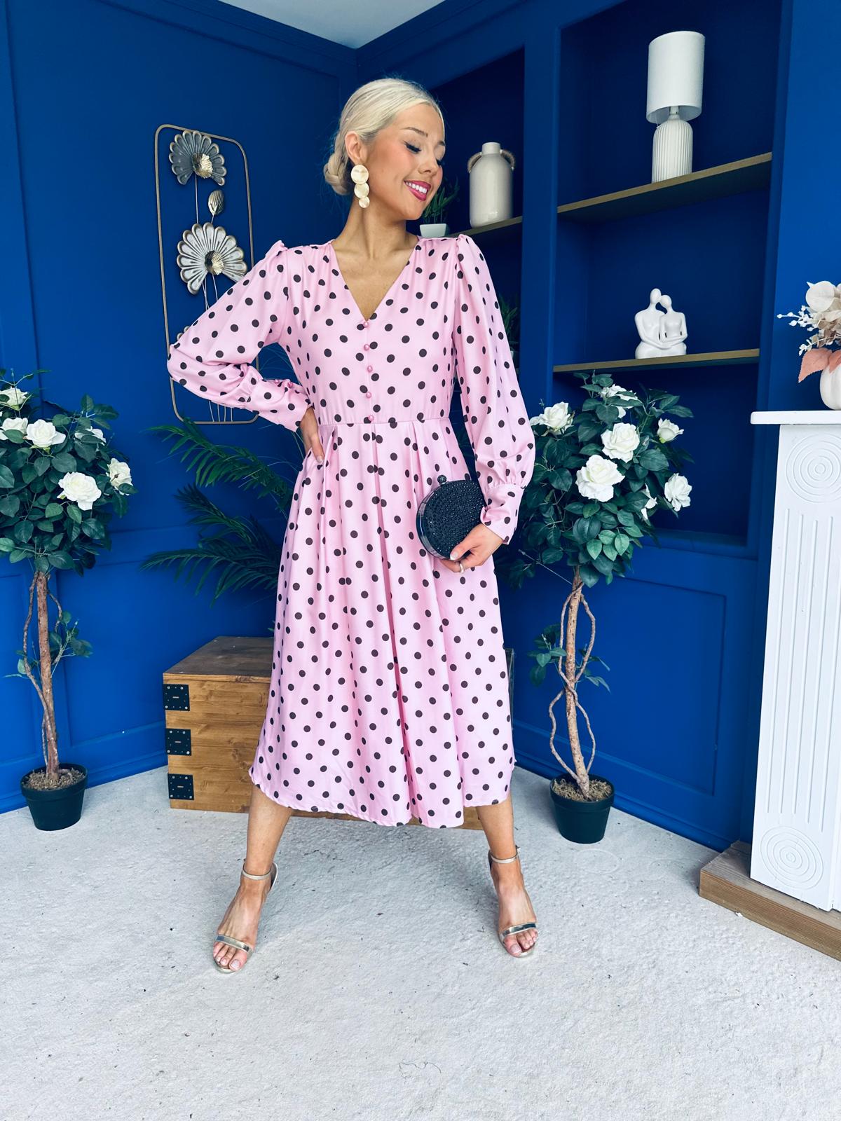 Avril Pleat Detail Midi Dress Coco Polka Pink