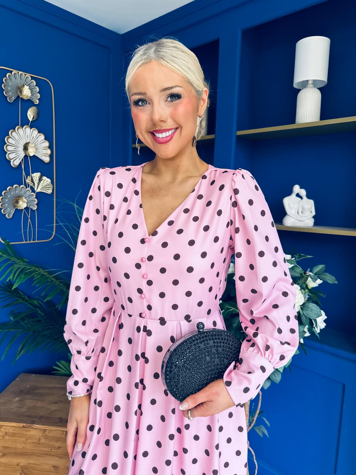 Avril Pleat Detail Midi Dress Coco Polka Pink
