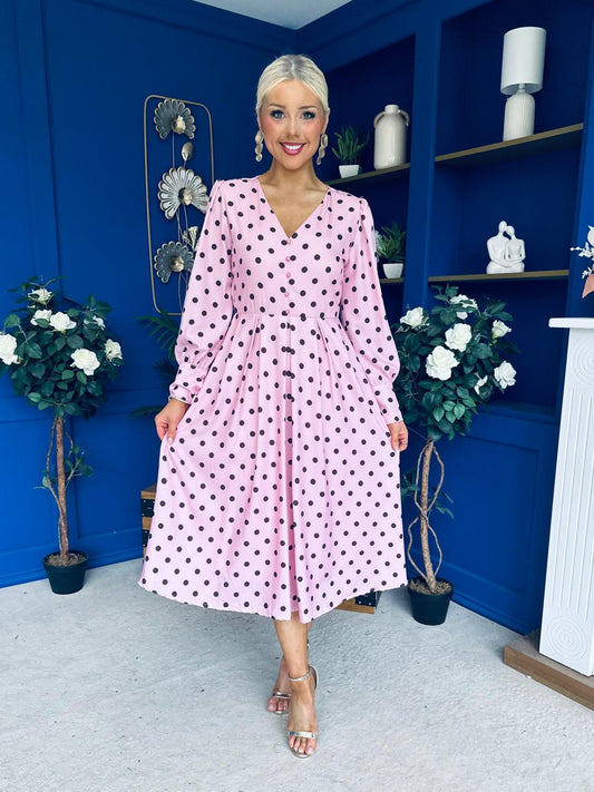 Avril Pleat Detail Midi Dress Coco Polka Pink