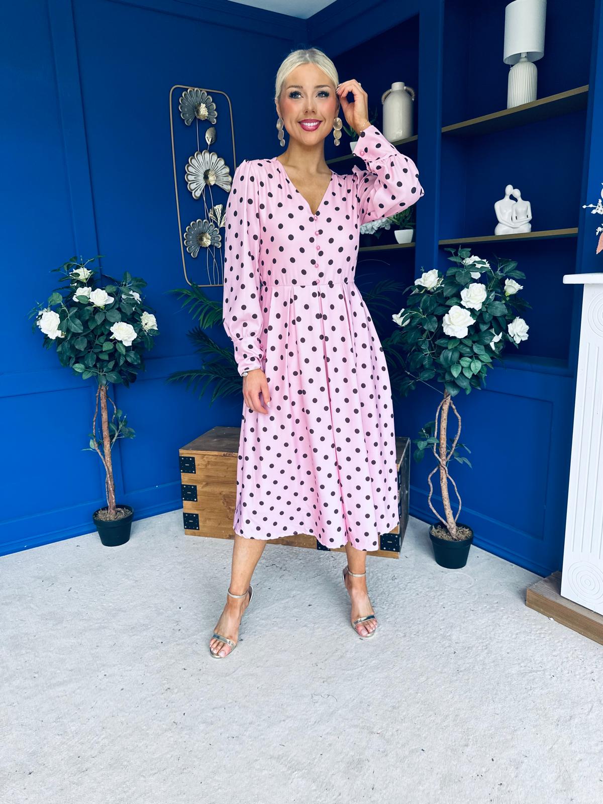 Avril Pleat Detail Midi Dress Coco Polka Pink