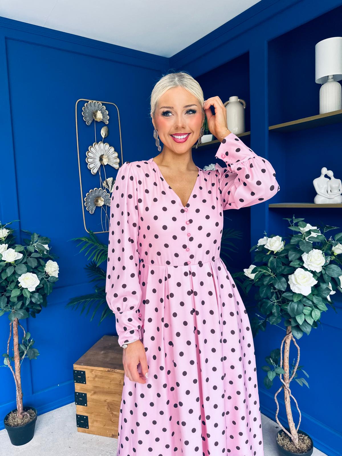 Avril Pleat Detail Midi Dress Coco Polka Pink