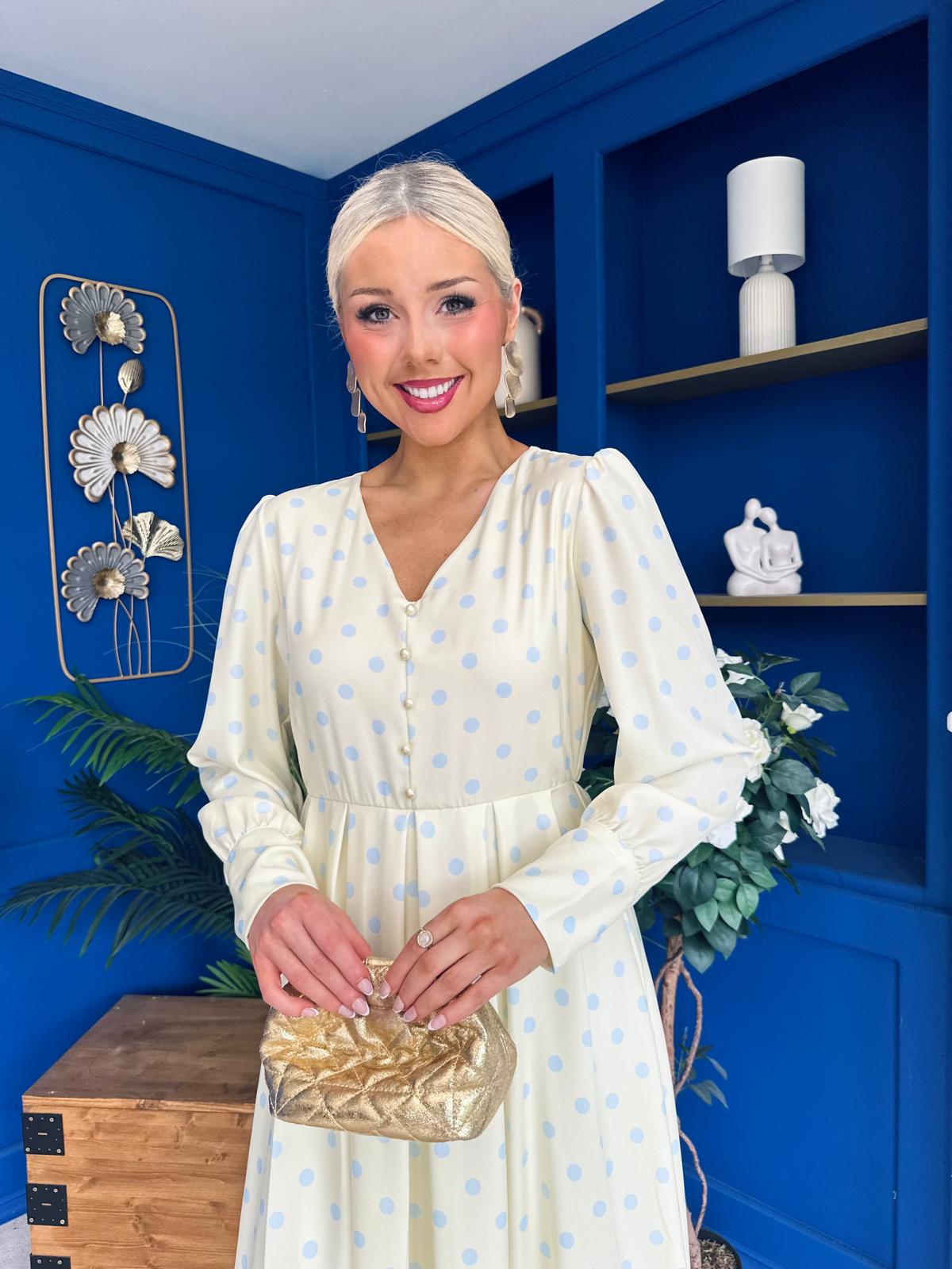 Avril Pleat Detail Midi Dress Blue Polka Yellow