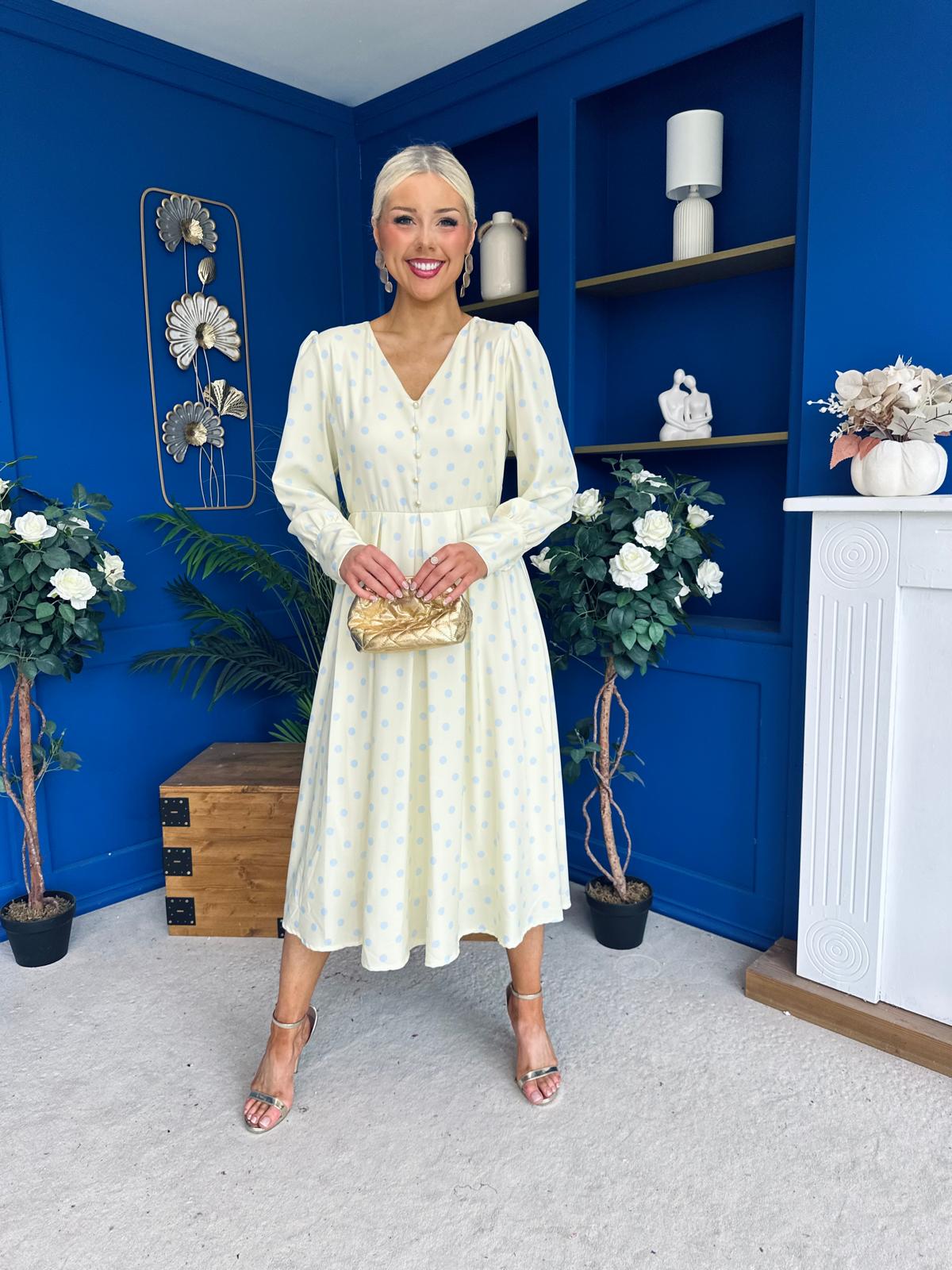 Avril Pleat Detail Midi Dress Blue Polka Yellow