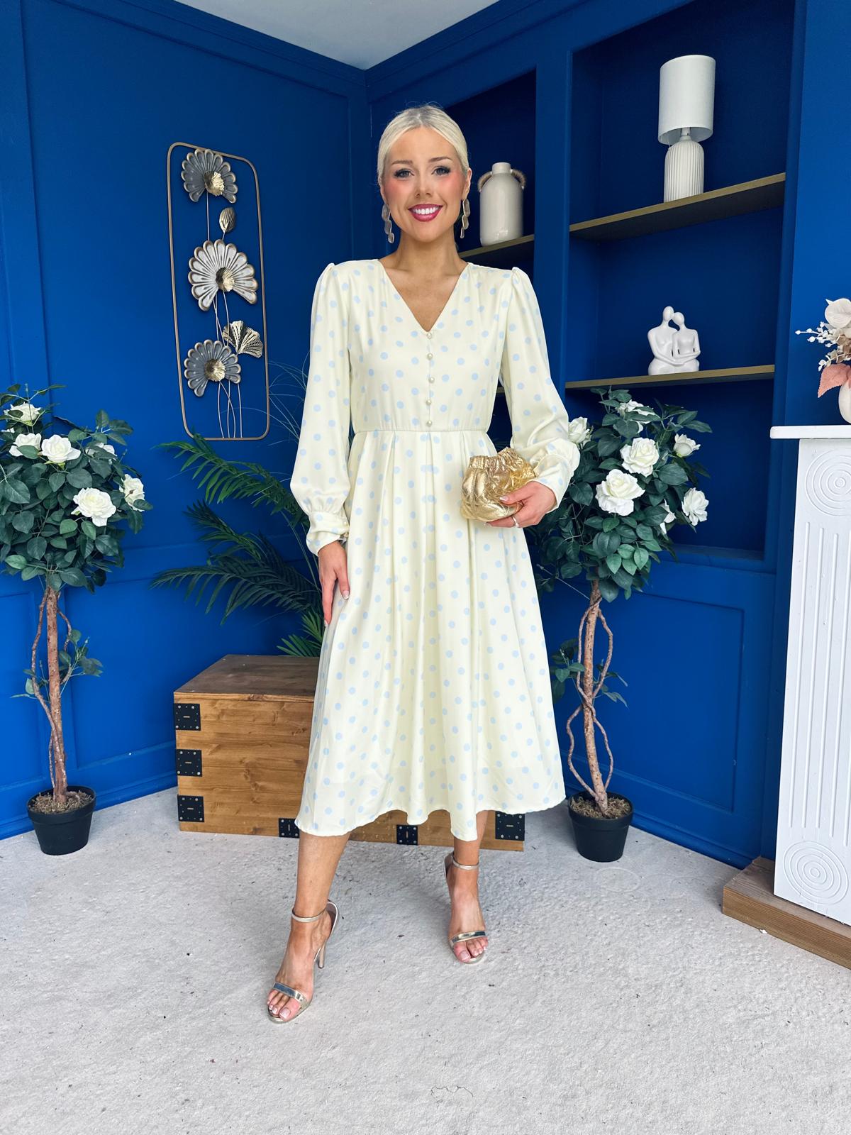 Avril Pleat Detail Midi Dress Blue Polka Yellow