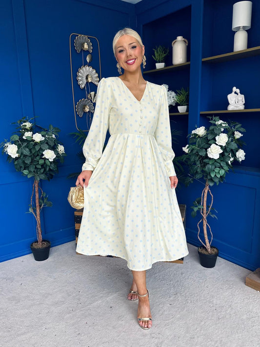 Avril Pleat Detail Midi Dress Blue Polka Yellow