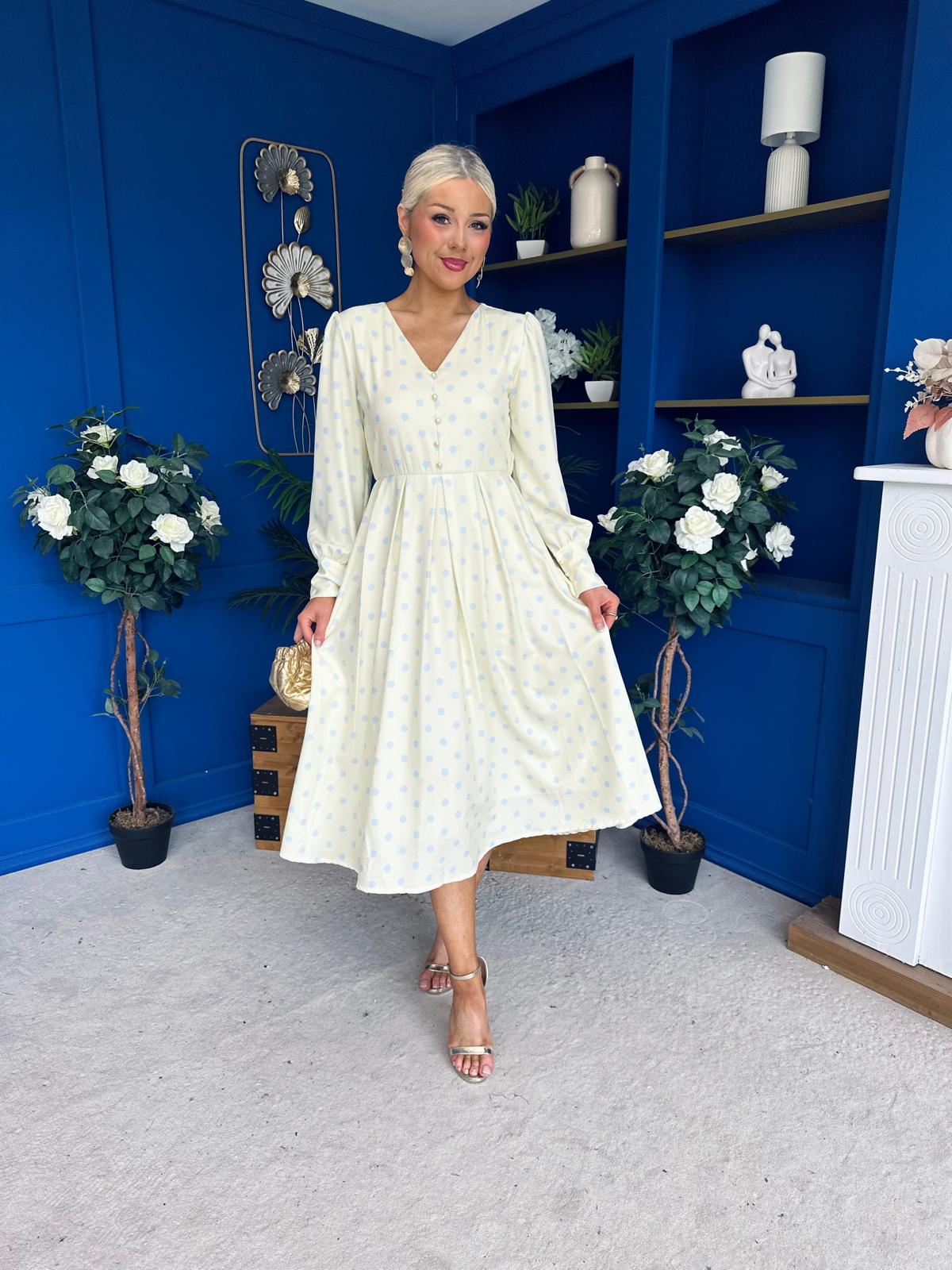 Avril Pleat Detail Midi Dress Blue Polka Yellow