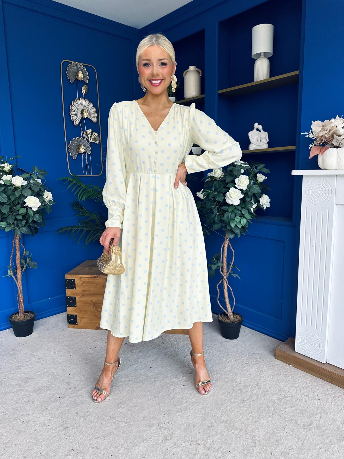 Avril Pleat Detail Midi Dress Blue Polka Yellow
