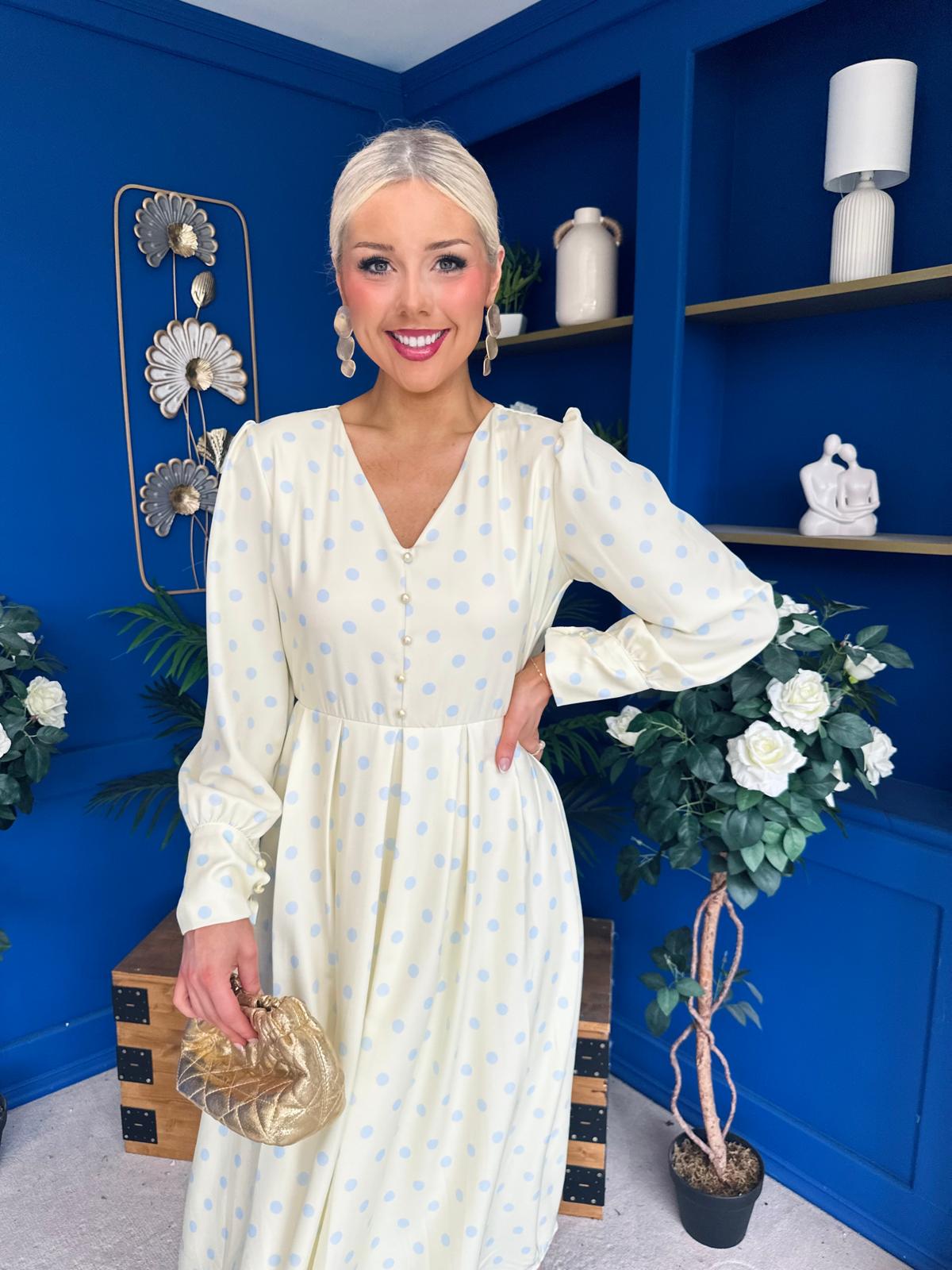 Avril Pleat Detail Midi Dress Blue Polka Yellow