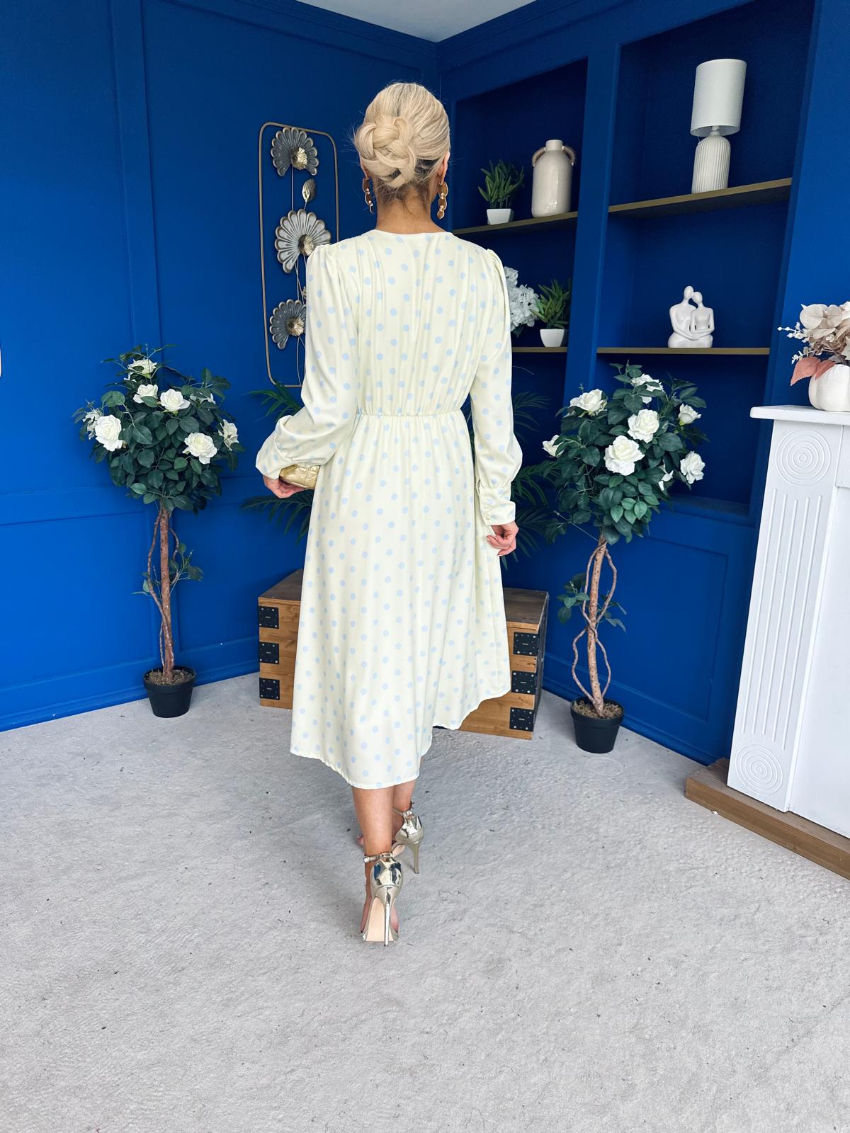 Avril Pleat Detail Midi Dress Blue Polka Yellow