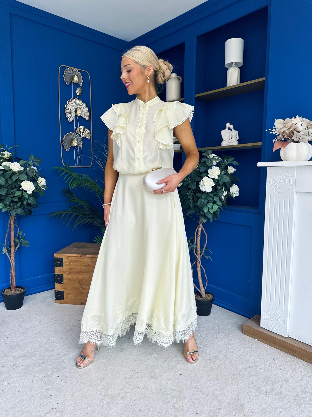 Caroline Frill Top & Lace Hem Skirt Set Yellow