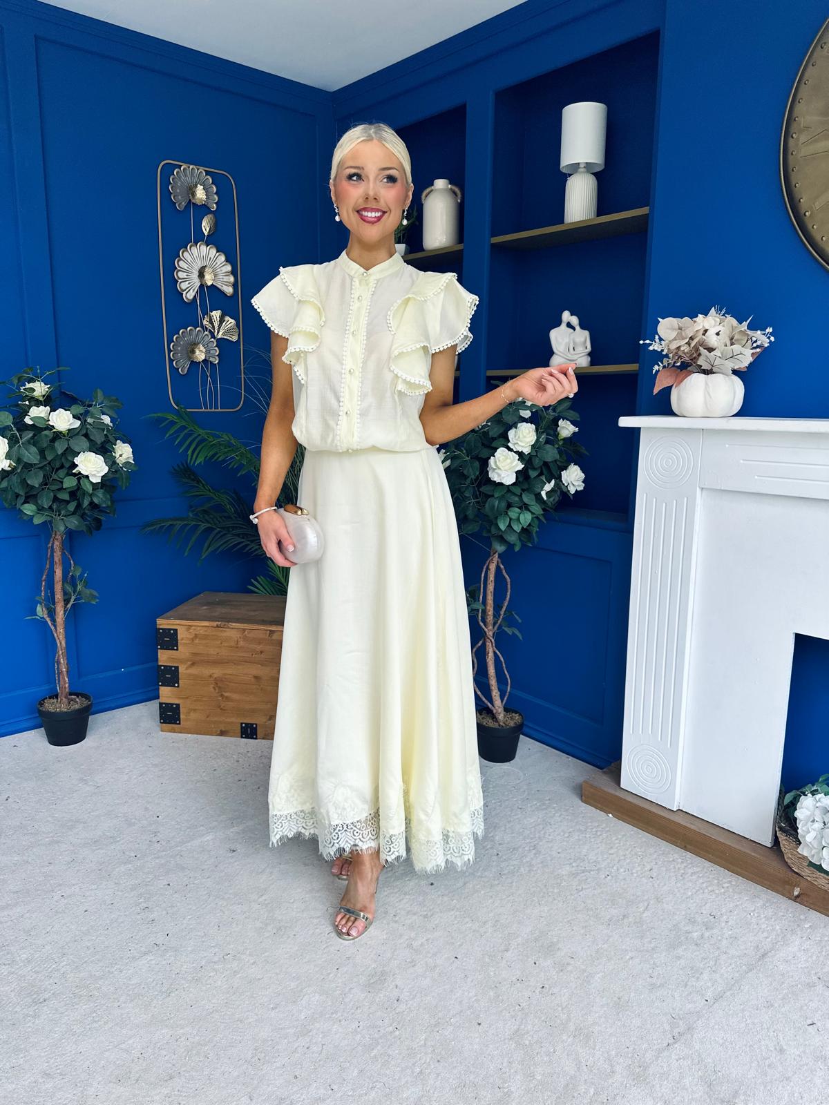 Caroline Frill Top & Lace Hem Skirt Set Yellow