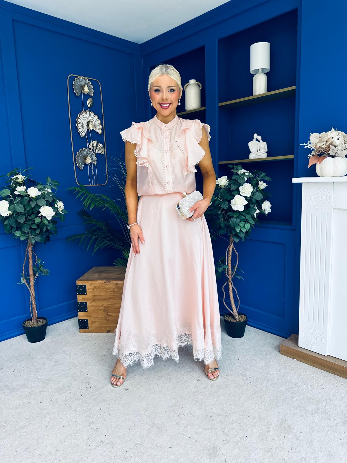 Caroline Frill Top & Lace Hem Skirt Set Pink
