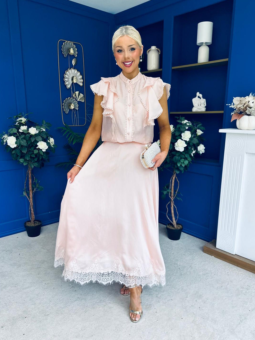 Caroline Frill Top & Lace Hem Skirt Set Pink