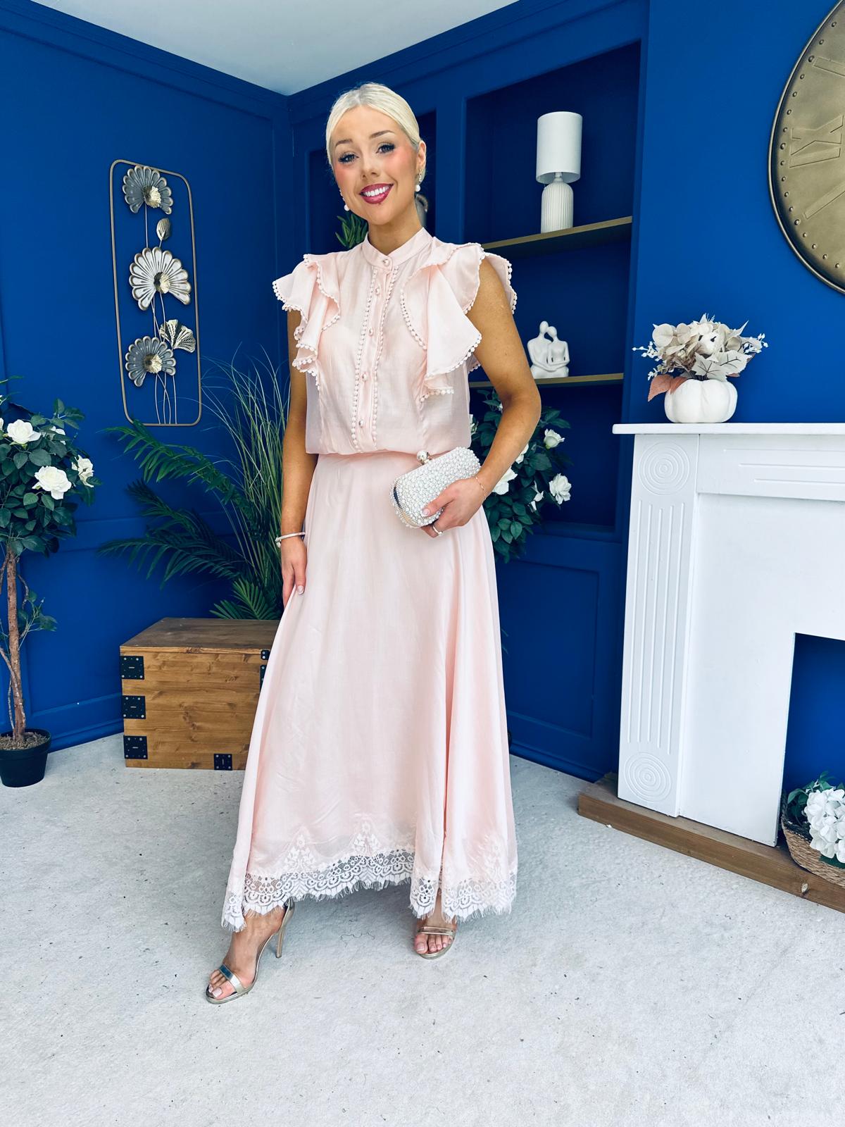 Caroline Frill Top & Lace Hem Skirt Set Pink