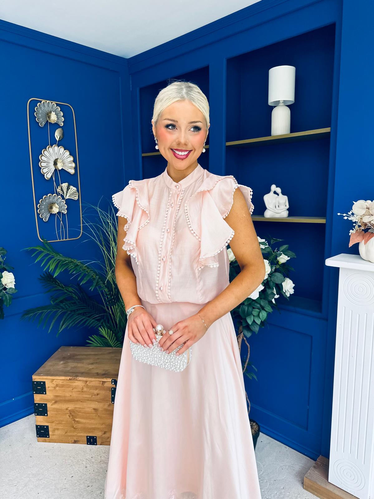 Caroline Frill Top & Lace Hem Skirt Set Pink