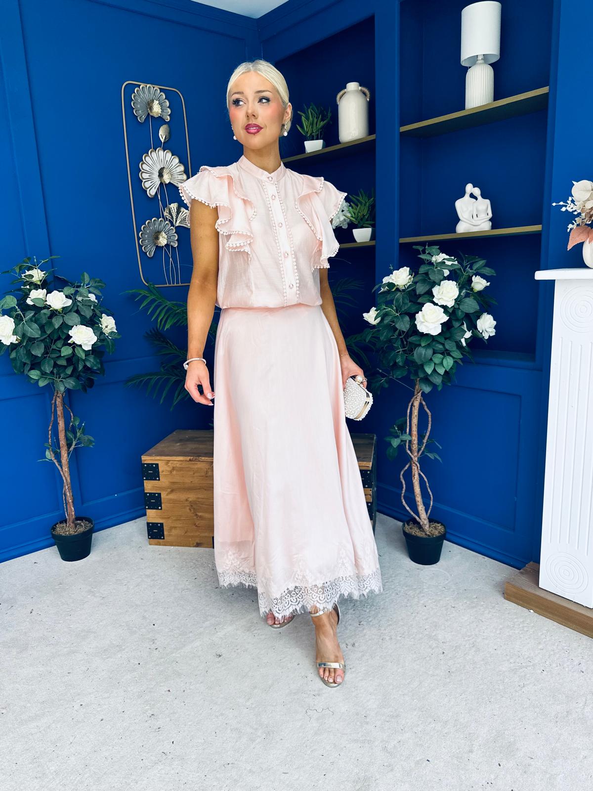 Caroline Frill Top & Lace Hem Skirt Set Pink