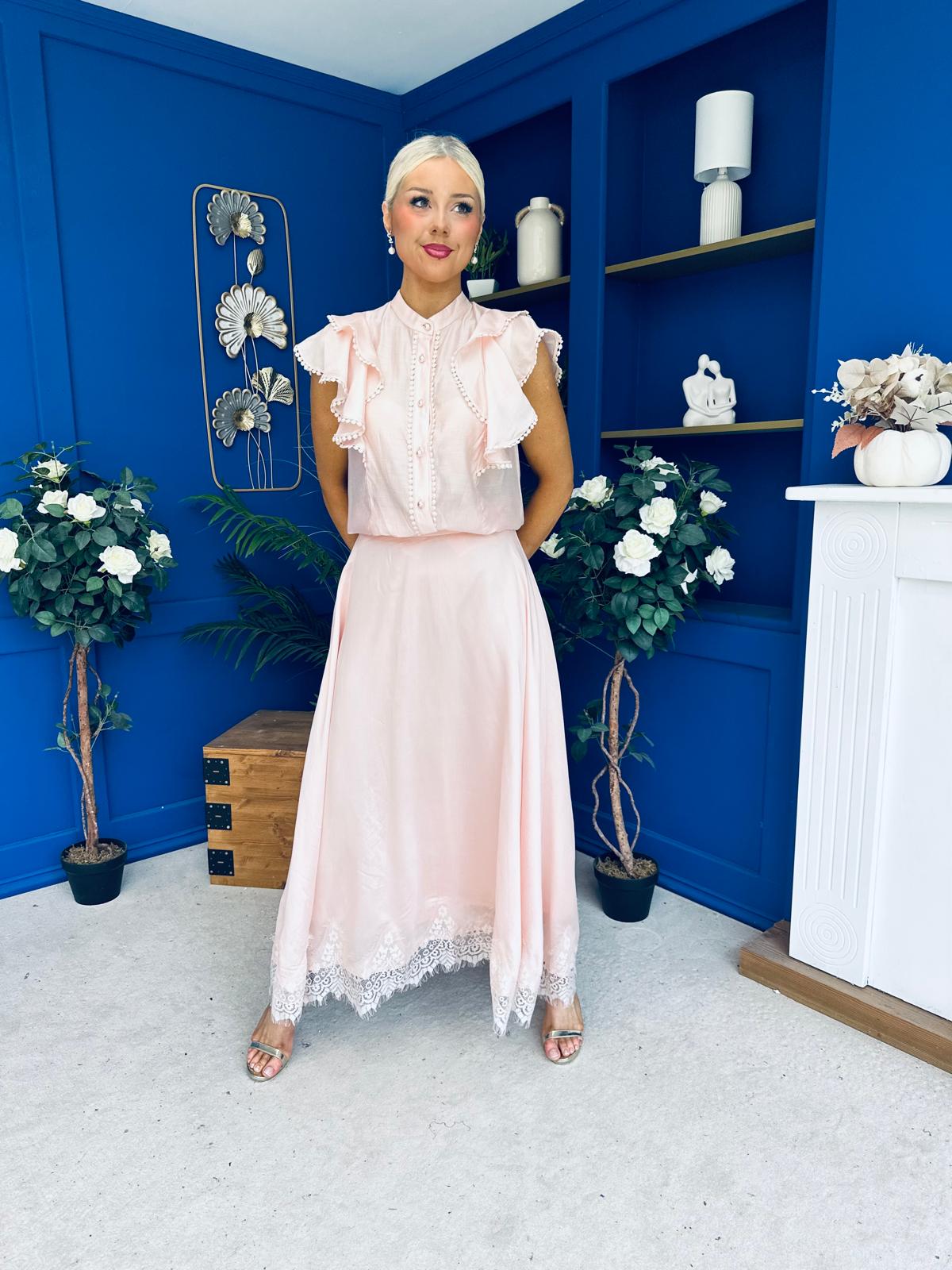 Caroline Frill Top & Lace Hem Skirt Set Pink