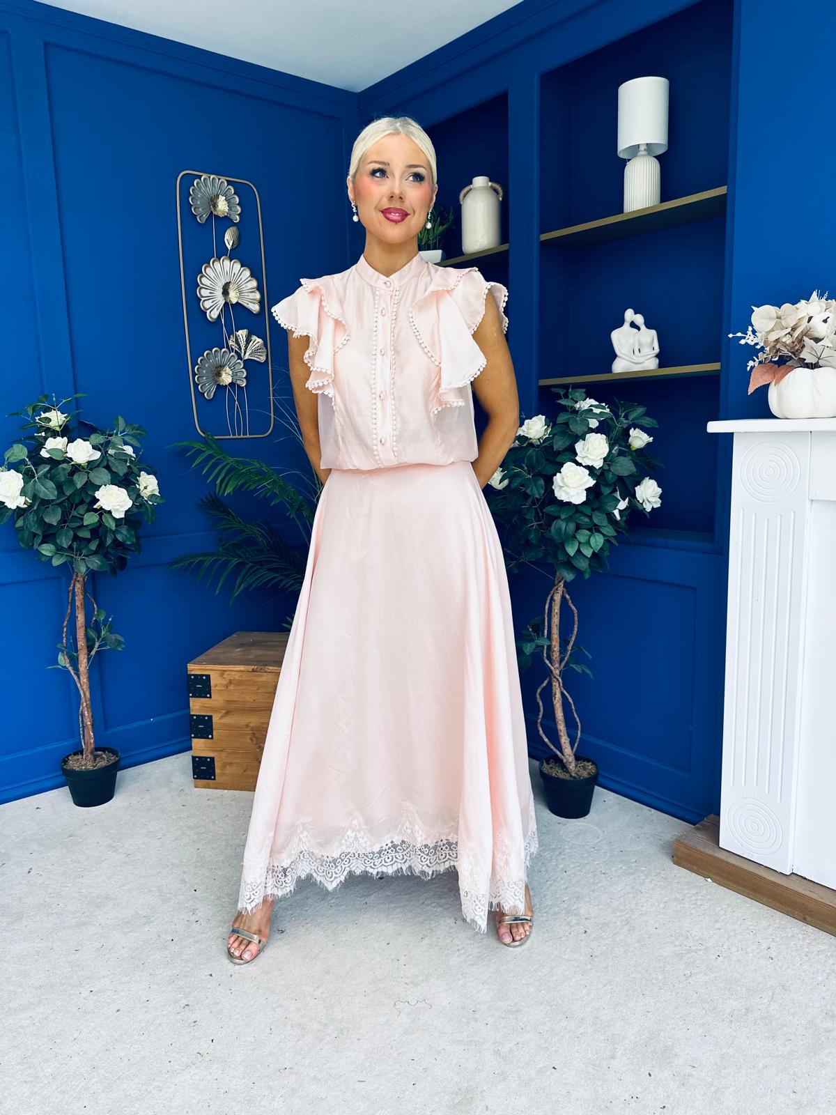 Caroline Frill Top & Lace Hem Skirt Set Pink