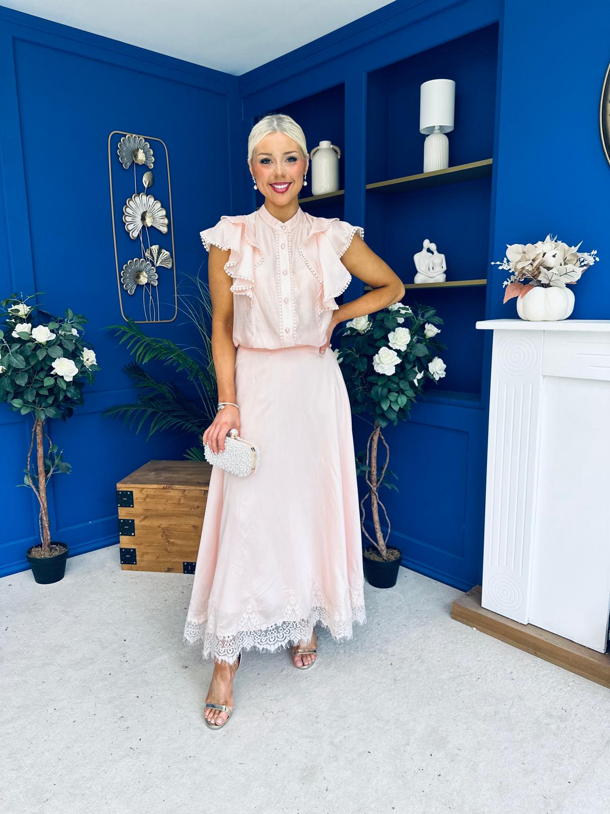Caroline Frill Top & Lace Hem Skirt Set Pink