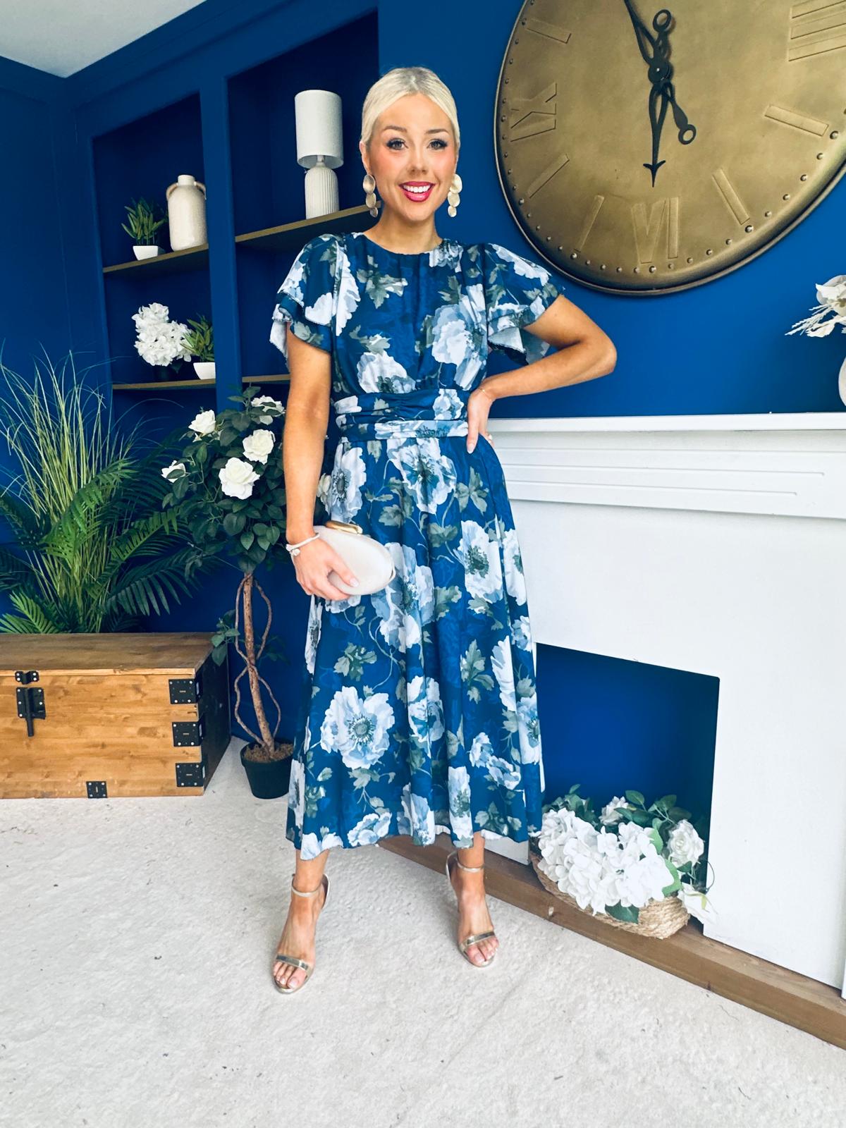 Naoise Frill Sleeve Midi Dress Floral Navy